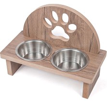 Gri Ahşap Demonte Evcil Hayvan Mama ve Su Kabı Seti