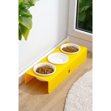 Desenli Şeffaf Pleksi ve Seramik Üçlü Mama Kabı, 44X15 Cm, Şık ve Kullanışlı.