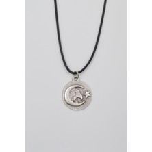 Ay Yıldız Kartal Figürlü Kolye - Pu Deri Ip Zincirli Unisex Gümüş Kaplama - 60 cm