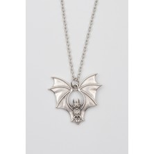 Gotik Yarasa Kolye - Düz Ezme Ithal Zincirli Unisex Gümüş Kaplama Kolye - 60 cm