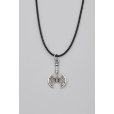 Viking Çift Taraflı Balta Kolye - Pu Deri Ip Zincirli Unisex Gümüş Kaplama - 60 cm