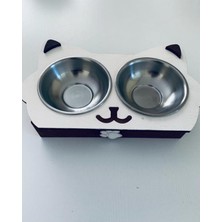 Iki Adet Kedi Mama ve Su Kabı Ahşap Desenli Çelik Kase Beyaz