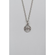 Minimalist Göz - Nazar Düz Ezme Zincir Kolye - Antik Gümüş Kaplama - Kadın Erkek - 60 cm