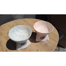 Eğimli Seramik Mama Kabı, Krem ve Mavi Renk, Kedi ve Köpekler Için Şık Tasarım