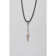 Anime Ninja Kunai Siyah Deri Ip Kolye - Antik Gümüş Kaplama - Kadın Erkek - 60 cm