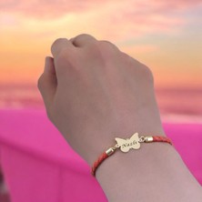 Archin Nazlı İsmine Özel 14  Ayar Altın Plakalı Turuncu Derili Kelebek Motifli Hediye Bileklik-502 İsim