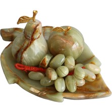 Doğal Oniks Taşından Yapılmış Dekoratif Meyve Seti – 8 Inç Yaprak Tabak, Elma, Armut ve Üzüm Biblosu