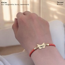 Archin Ekim  Ayı  Doğumlarına Kelebek Motifli 14  Ayar Altın Plakalı Turuncu Derili Hediye Bileklik-502 Ay