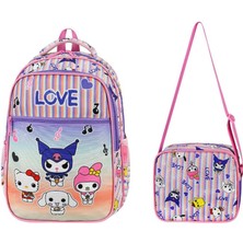 Ilkokul Çantası Kuromi 2'li Set 40*30 cm Beslenme Çantası Ortopedik Sırt Çantası Kız Çocuk