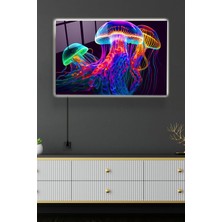 LED Aydınlatmalı Neon Denizanası Cam Tablo, Işıklı Cam Tablo