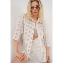 Arben Boutique Çizgili Kısa Kol Gömlek 20344 - Krem