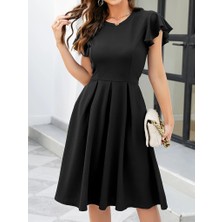 Aisha Elbise Kadın Kelebek Kollu Bisiklet Yakalı Pileli Ithal Krep Elbise