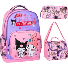 3’lü Ilkokul Kuromi Melody Baskılı Pembe, Kız Çocuk Beslenmeli ve Kalemlikli Okul Çantası