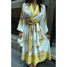 Neşeli Butik Kadın Kuşaklı Midi Boy Desenli Elbise NBMS42149