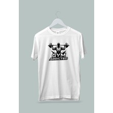 Maki Home Kadın Erkek Unisex Yetişkin Gym Fitness Addicted Baskılı Beyaz Gri Siyah Tshirt