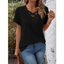 Tua Moda Kadın Kısa Kollu Önden Çapraz Detay V Yakalı Viskon Bluz