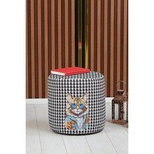 Siyah Beyaz Kedi Desenli 40*40 Yuvarlak Puf