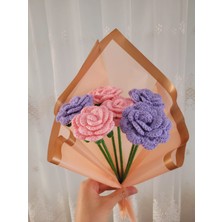 Örgü Çiçek Buketi, Örgü Gül Buketi, Şeker Pembe-Lila Renk Karışık Yapay Çiçek, Anneler Günü Sevgililer Günü Özel Günler Hediye Yapay Çiçek, Gift And Flowers