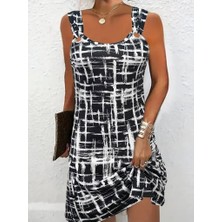 Gökyüzü Moda Kadın Askılı Kuş Gözü Detaylı Desenli Süprem Elbise