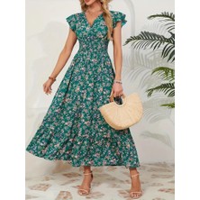 Ag Shoppings Kadın Kısa Kollu Kruvaze Yaka Beli Lastikli Çiçek Desenli Elbise