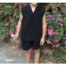 Çift Kat Müslin Kumaş Sıfır Kollu Yazlık Çocuk T-Shirt ve Şort Takım