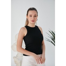 Siyah Zargo Model Fitted/vücuda Oturan Geniş Biyeli Halter Yaka Fitilli Esnek Örme Crop Bluz