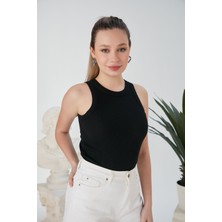 Siyah Zargo Model Fitted/vücuda Oturan Geniş Biyeli Halter Yaka Fitilli Esnek Örme Crop Bluz