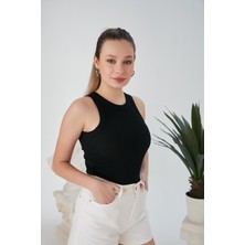 Siyah Zargo Model Fitted/vücuda Oturan Geniş Biyeli Halter Yaka Fitilli Esnek Örme Crop Bluz