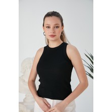 Siyah Zargo Model Fitted/vücuda Oturan Geniş Biyeli Halter Yaka Fitilli Esnek Örme Crop Bluz