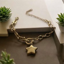 Luxury Steel Gold Renk Yıldızlı Tiff ve Ataç Zincirli Bileklik