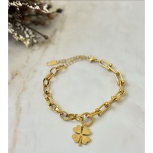 Luxury Steel Gold Renk Tiff ve Araç Zincirli Yonca Çelik Bileklik