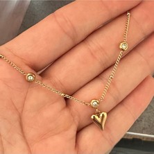 Luxury Steel Zirkon Taşlı Dorika Zincirli Gold Renk Kalpli Çelik Bileklik