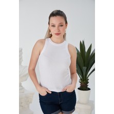 Beyaz Zargo Model Fitted/vücuda Oturan Geniş Biyeli Halter Yaka Fitilli Esnek Örme Crop Bluz
