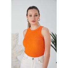 Turuncu Zargo Model Fitted/vücuda Oturan Geniş Biyeli Halter Yaka Fitilli Esnek Örme Crop Bluz