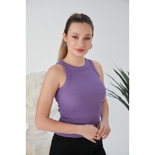 Lila Zargo Model Fitted/vücuda Oturan Geniş Biyeli Halter Yaka Fitilli Esnek Örme Crop Bluz