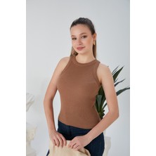 Bej Zargo Model Fitted/vücuda Oturan Geniş Biyeli Halter Yaka Fitilli Esnek Örme Crop Bluz