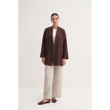 Zesyna Kahverengi %100 Keten Düğme Kapamalı Cepli Kimono
