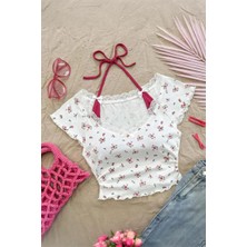 Kırmızı Dantelli Madonna Yaka Ek Askılı Y2K Kısa Kollu Crop