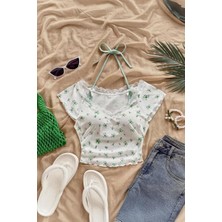 Yeşil Dantelli Madonna Yaka Ek Askılı Y2K Kısa Kollu Crop