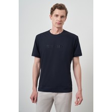  Erkek Lacivert Trend Bisiklet Yaka Baskılı Tshirt