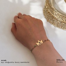 Archin Oğlak  Burçlarına Özel Taç Motifli 14  Ayar Altın Plakalı Renkli Taş Desenli Hediye Bileklik-489 Burç