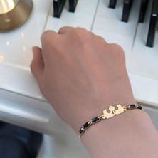 Archin D  Harfine Özel Taç Motifli 14  Ayar Altın Plakalı Siyah Taş Desenli Hediye Bileklik-510 Harf