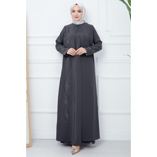 Büyük Beden Yaprak Taşlı Anne Elbisesi Füme HM2350