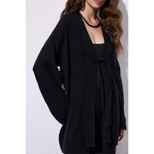 Müslin Geniş Kollu Kimono Siyah