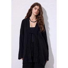 Müslin Geniş Kollu Kimono Siyah