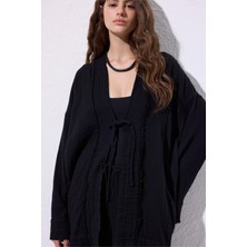 Müslin Geniş Kollu Kimono Siyah