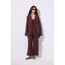 Müslin Geniş Kollu Kimono Acı Kahve