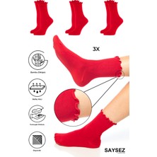 Saysez Bambu Kadın Lastiksiz Kırmızı Fırfırlı Soket Dikişsiz Çorap 3'lü Paket / Iz Bırakmaz / Sıkmaz Çorap
