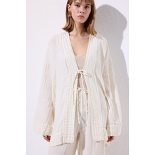 Müslin Geniş Kollu Kimono Bej