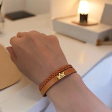 Archin R  Harfine Özel 14  Ayar Altın Plakalı Kahverengi Derili Taç Motifli Hediye Bileklik-511 Harf